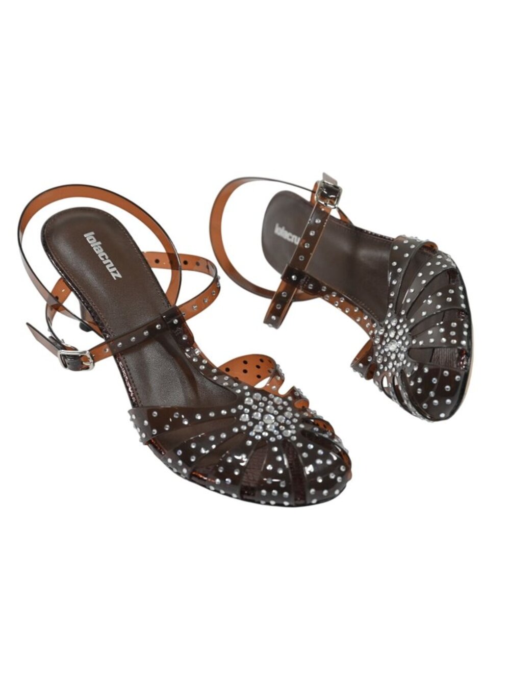 Lola Cruz Rhinestone Jelly T-Strap Heels in Bronze